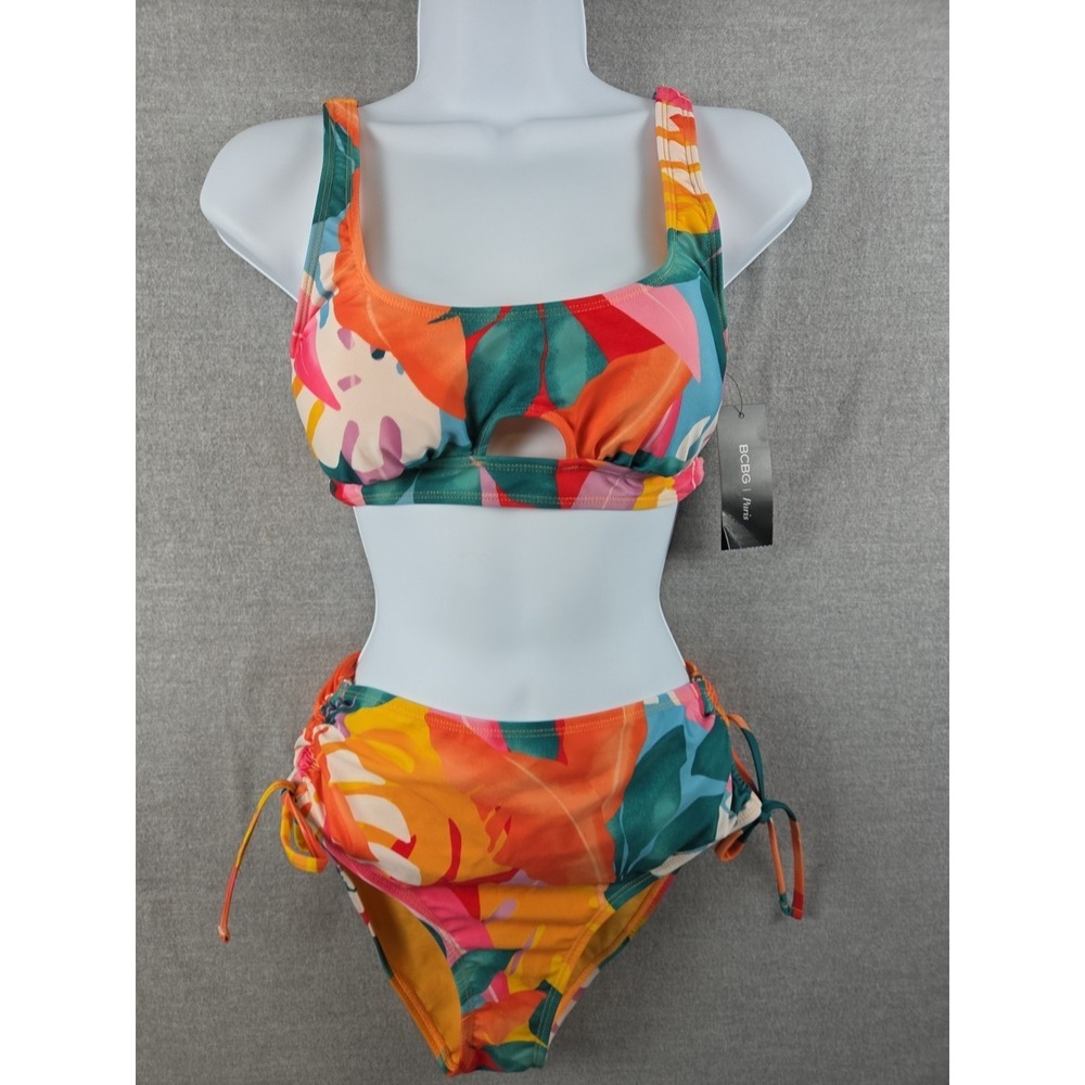 BCBG Paris Womens S Keyhole Crop Bikini Swimsuit Set Two Piece Orange Floral NEW